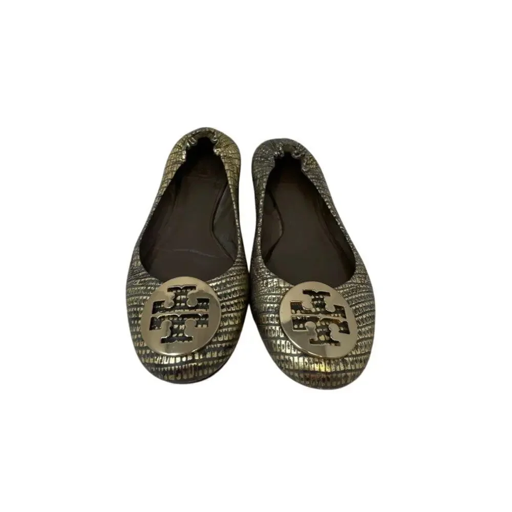 Tory Burch Size 6.5 Gold Reva Leather Slip On Ballet Flats Workwear